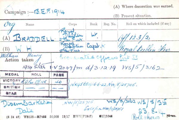 Lt Braddell medal card