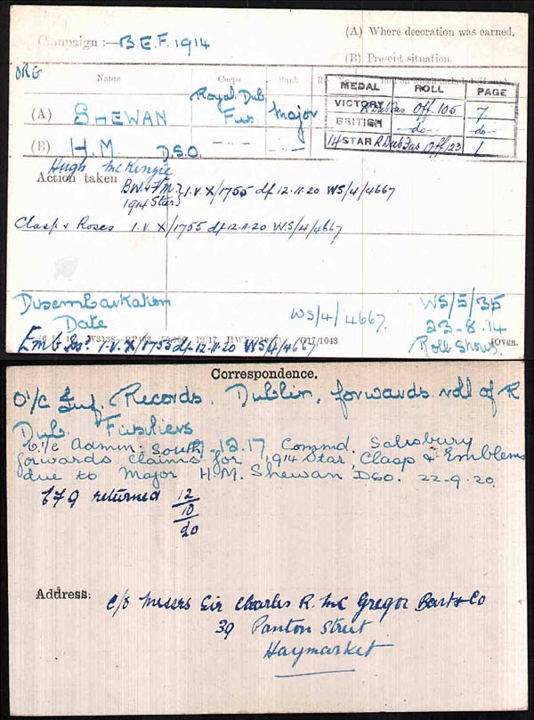 Major Shewan medal card
